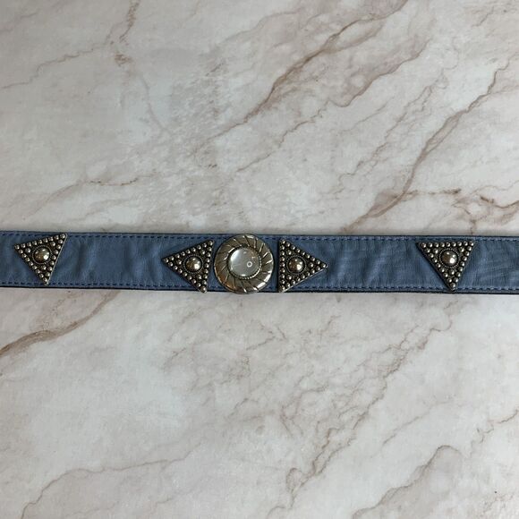 Vtg Leatherock Blue Leather Western Belt Silver Tone Concho Studded Buckle Large main image 5